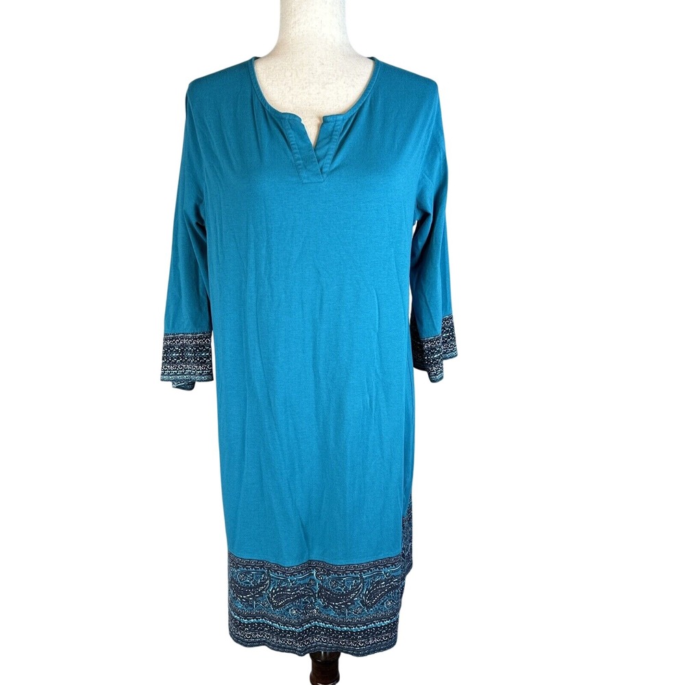 Coolibar Oceanside Tunic Dress Size M Turquoise 3/4 Sleeve UPF 50+ Border Print
